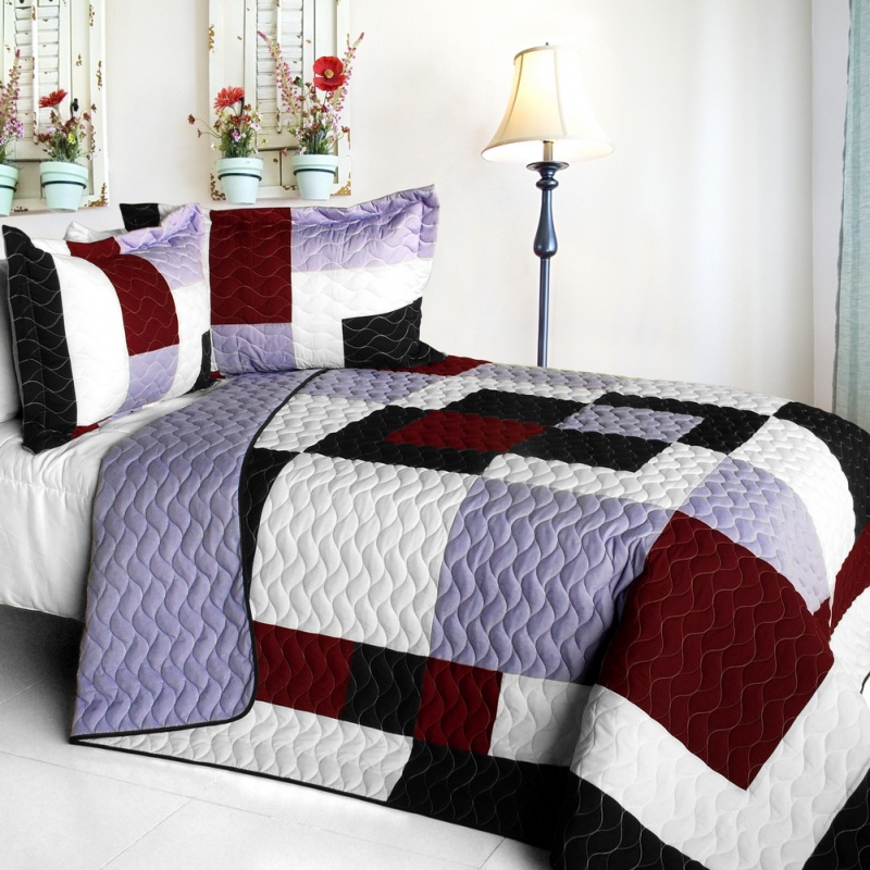 Brand New Vermicelli-Quilted Patchwork Quilt Set Full - Grape Princess