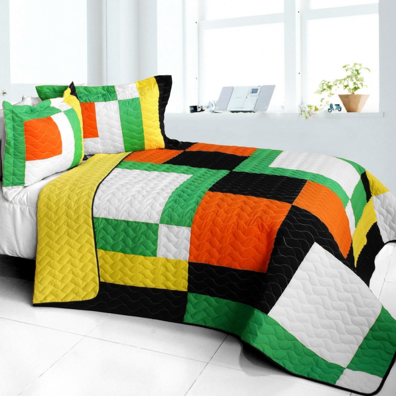 Brand New Vermicelli-Quilted Patchwork Quilt Set Full - Colorful Puzzle