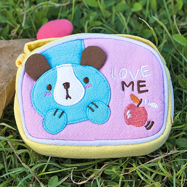 Embroidered Applique Fabric Art Wrist Wallet - Puppy & Apple