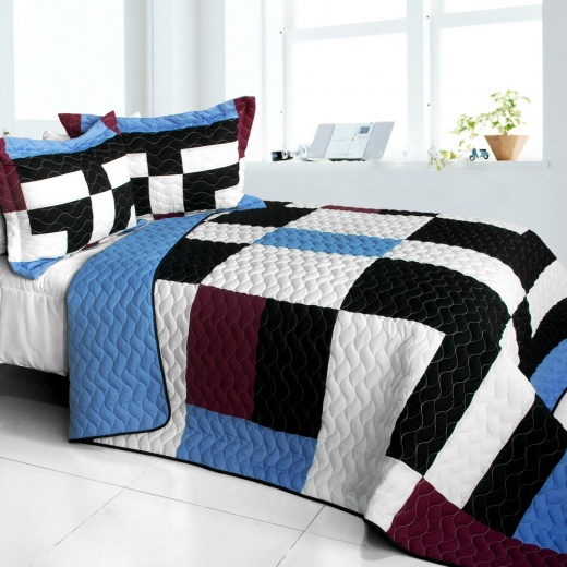 Lazy Weekend Time 3Pc Vermicelli Quilted Patchwork Quilt Set