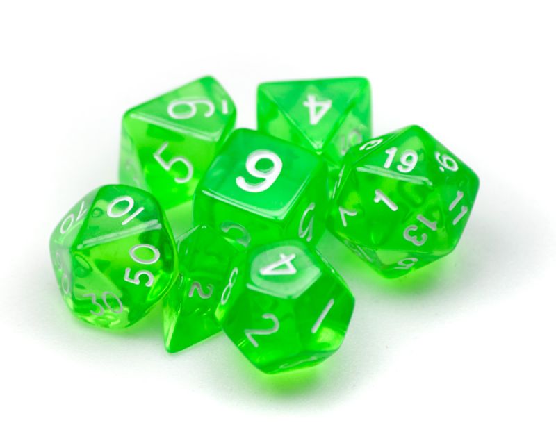 7 Die Polyhedral Dice Set In Velvet Pouch- Translucent Green
