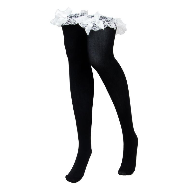 Black With White Ruffle Thigh High Costume Tights