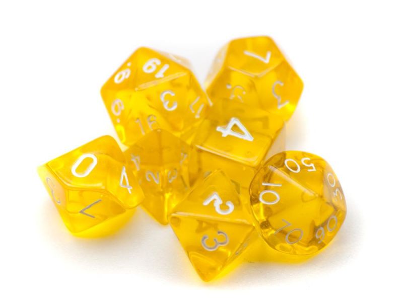 7 Die Polyhedral Set In Velvet Pouch-Translucent Yellow