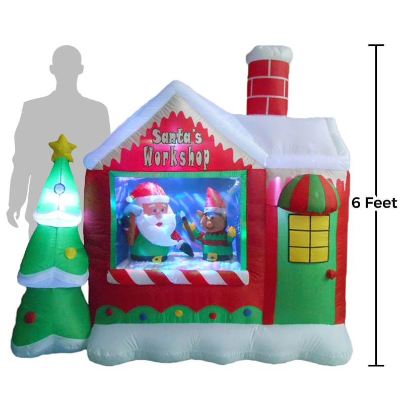6 Foot Santa's Workshop With Elf Christmas Inflatable - Led Lighted Yard Display