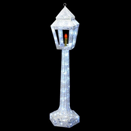 3D Led Lamp Post Motif With Flame Candle - White And Black - 53 Inch