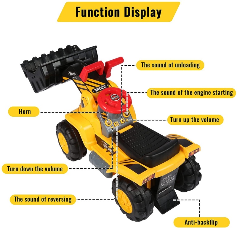 (Out Of Stock) Kids Toddlers Ride-On Bulldozer Toy With Simulated Sounds Boys Construction Truck Vehicle With Bucket, Steering Wheel, Helmet, Rocks