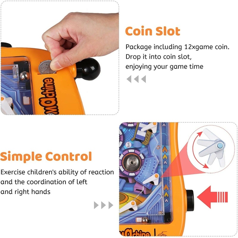 Mini Pinball Machine Portable Tabletop Game Kids Interactive Toys Party, Orange