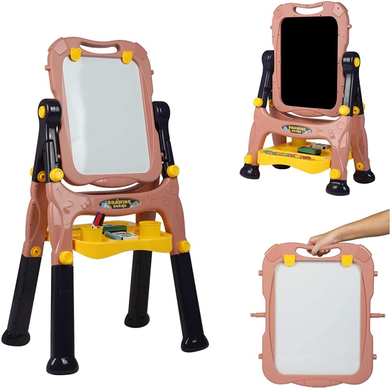 Kids Art Easel For Boys & Girls -Double Sided Standing Art Drawing Board- With Two Height Adjustable- Chalkboard And Magnetic Dry Erase Board, Pink
