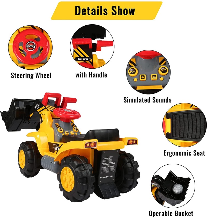 (Out Of Stock) Kids Toddlers Ride-On Bulldozer Toy With Simulated Sounds Boys Construction Truck Vehicle With Bucket, Steering Wheel, Helmet, Rocks