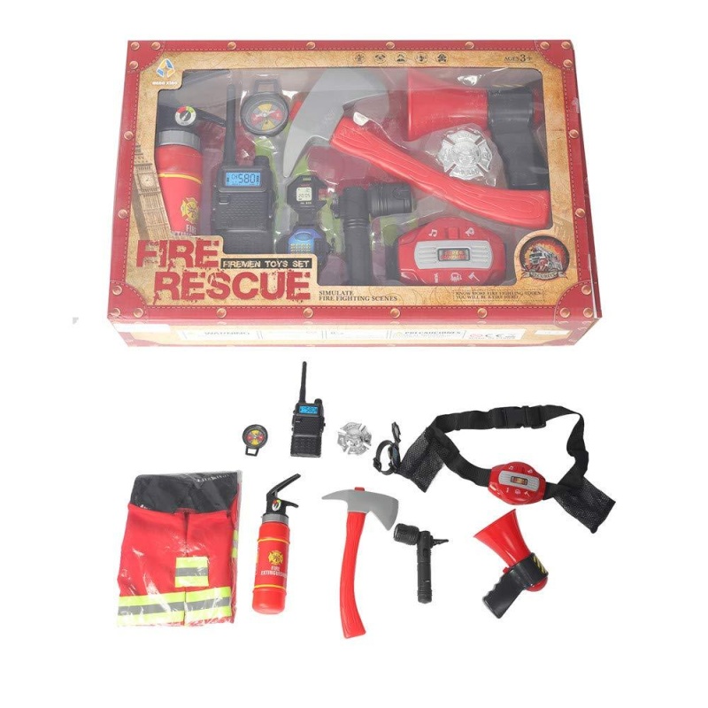 (Out Of Stock) Fireman Costume Fire Chief Dress Up Pretend Role Play Kit Set With Rescue Tools