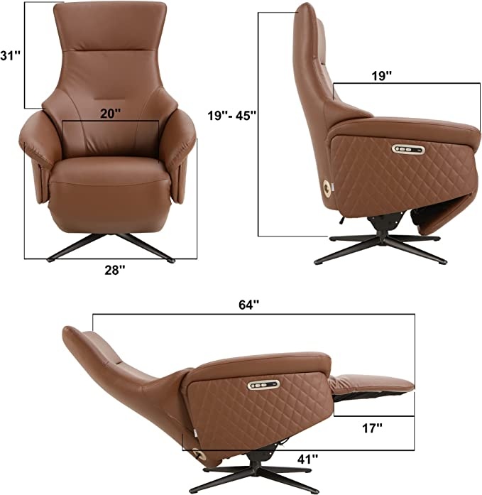 Power Recliner Lounge Chair Single - Swivel Leather Electric Recliner Adjustable Headrest Footrest Lumbar Support Zero Gravity Brown