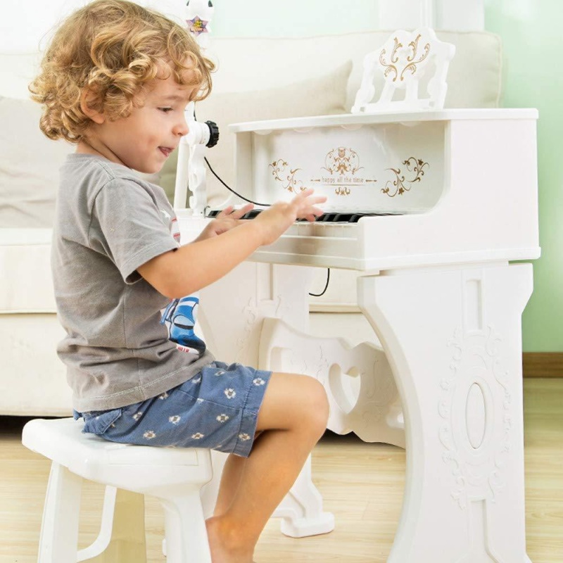 (Out Of Stock) Kids Toy Grand Piano With 37-Key Keyboard Stool And Microphone Little Princess, White
