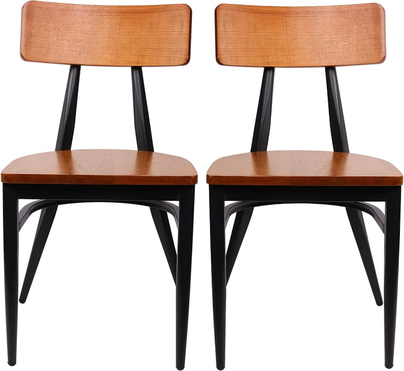 Modern Industrial Kitchen Dining Chairs Set Of 2 With Solid Wooden Seat & Metal Legs