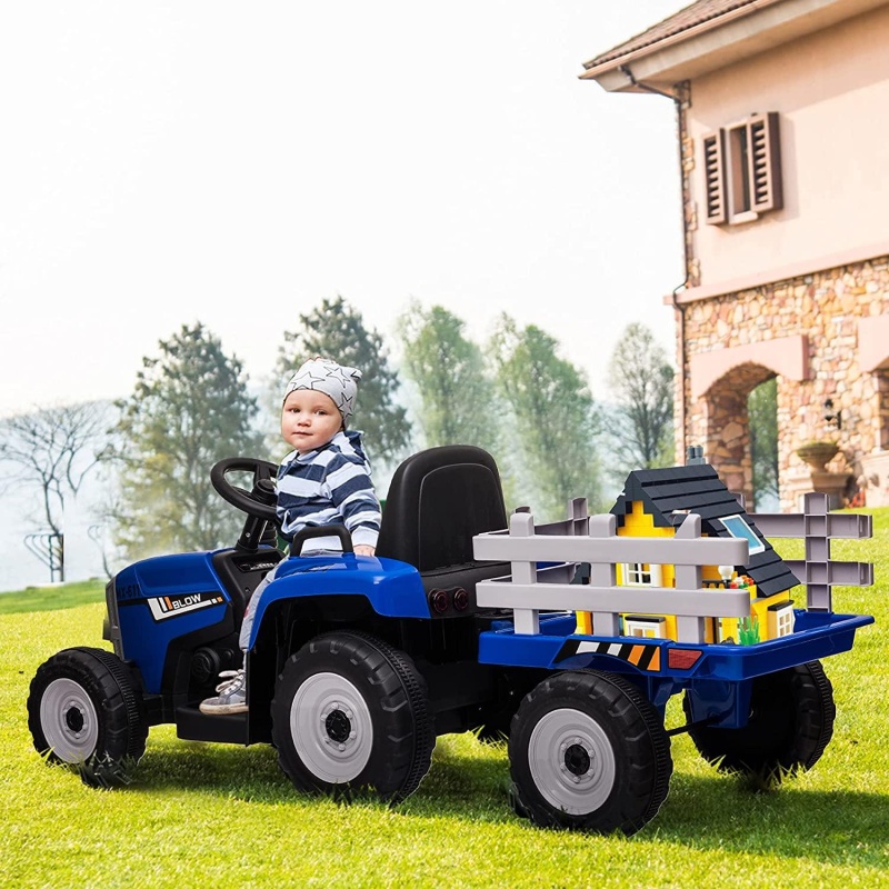 12V Kids Electric Tractor Battery Powered Ride On Toy With Detachable Large Trailer For Age 3+, Blue