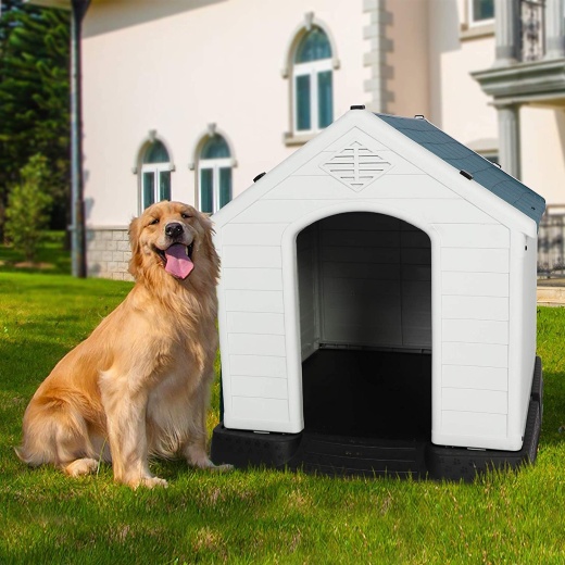 Dog House Outdoor Plastic Kennel with Elevated Floor Bosonshop