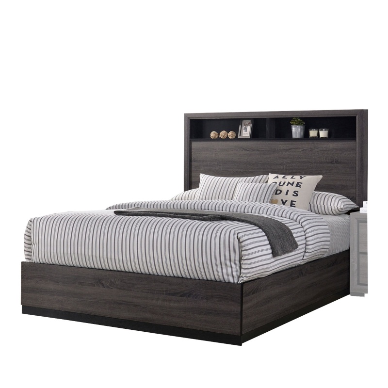 Transitional Wooden Queen Size Platform Bed With Bookcase Headboard, Gray