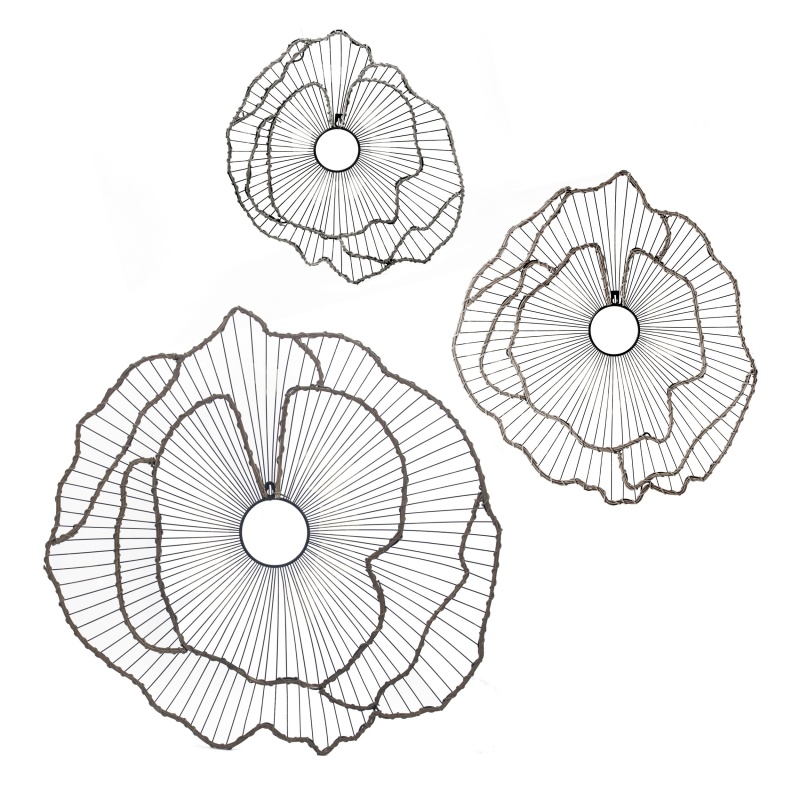 30, 24, 18 Inch Set Of 3 Decorative Metal Flowers, Wall Decor Black, Gold