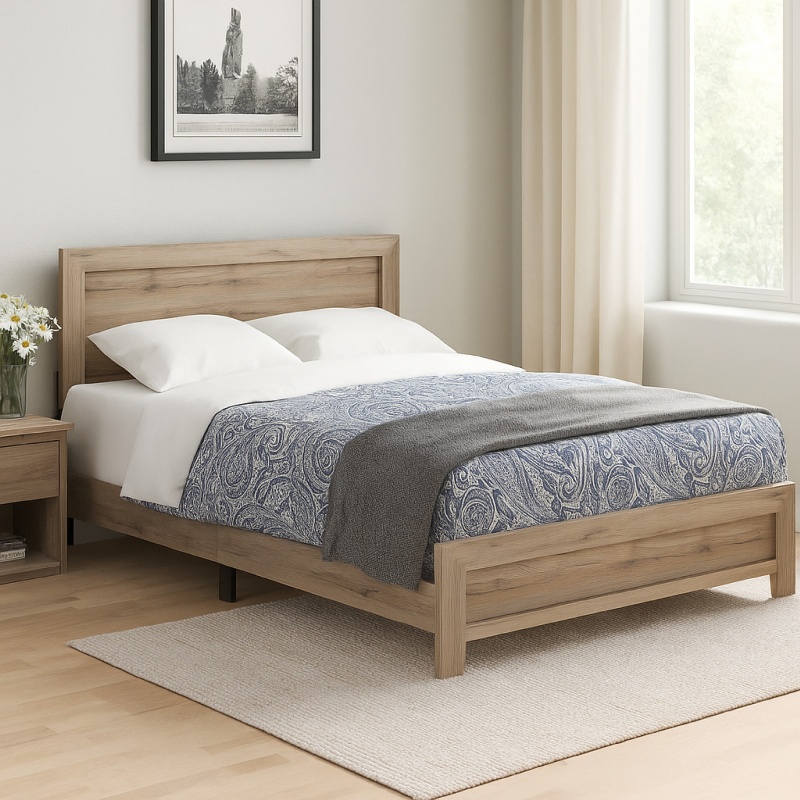 Wooden Queen Bed With Rectangular Headboard And Rough Hewn Texture, Brown