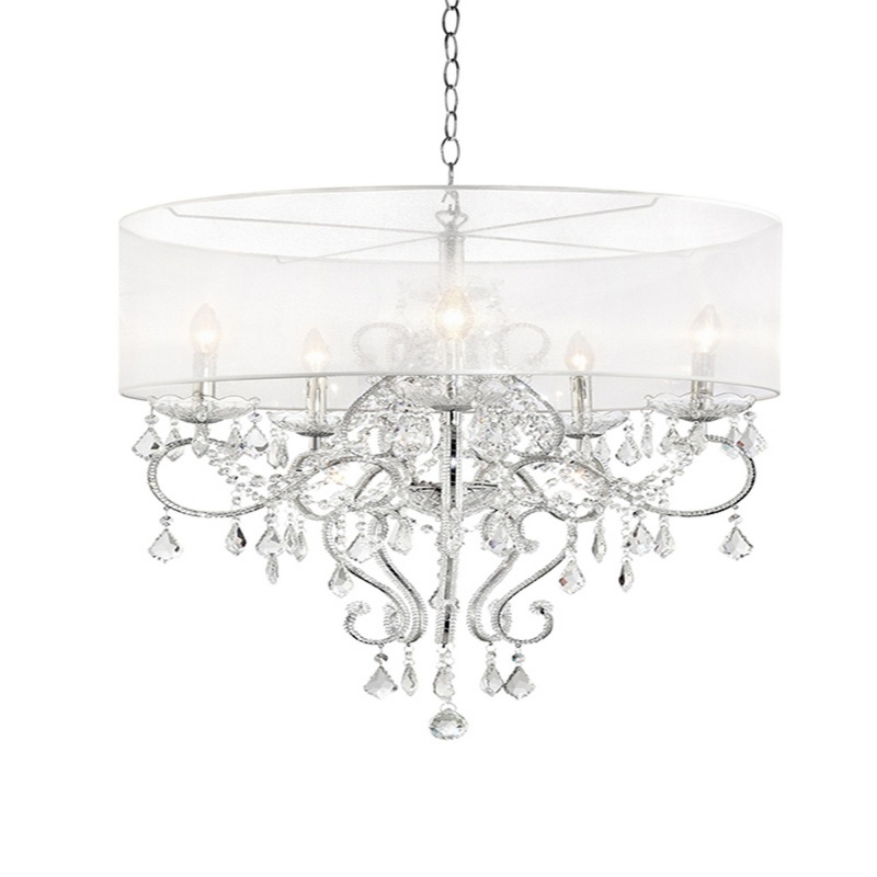 32 Inch Ceiling Lamp With Hanging Crystals, Round Canopy, Silver