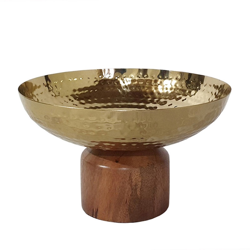 Roe 8 Inch Small Acacia Wood Table Bowl, Steel, Decorative, Gold And Brown