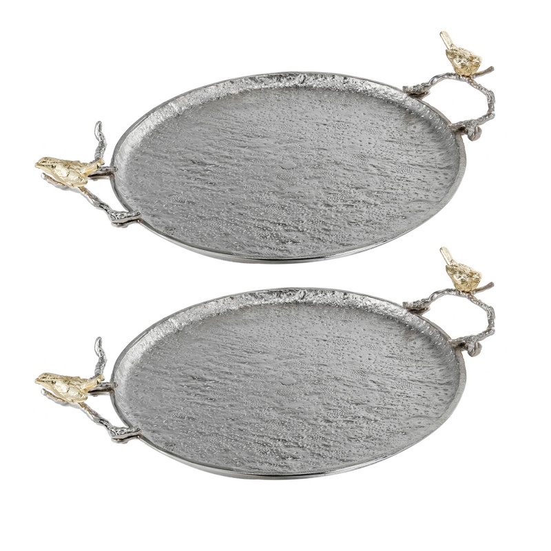 21 Inch Decorative Tray Set Of 2, Perched Birds Silver Metal, Large