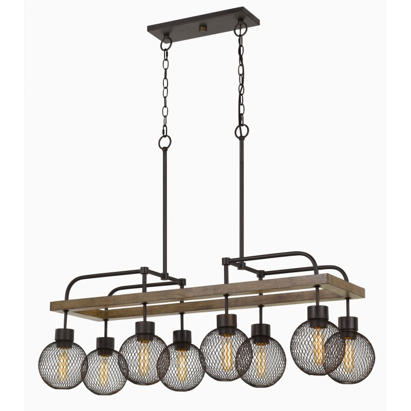 8 Bulb Chandelier With Wooden Frame And Metal Orb Shades