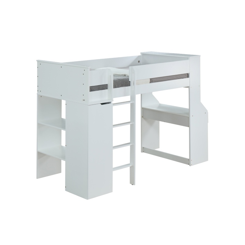 Wooden Twin Size Loft Bunk Bed With Workstation And Ladder, White