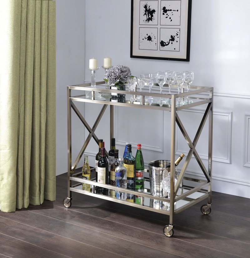Metal Framed Two Tier Serving Cart with X Shaped Side Panels