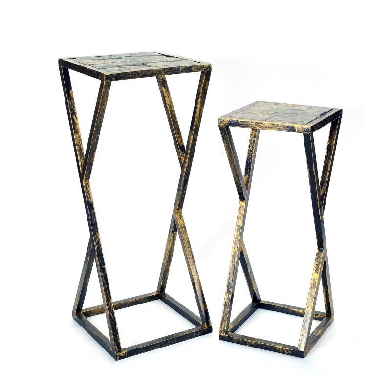 Stone Top Plant Stand With Geometric Base, Set of 2