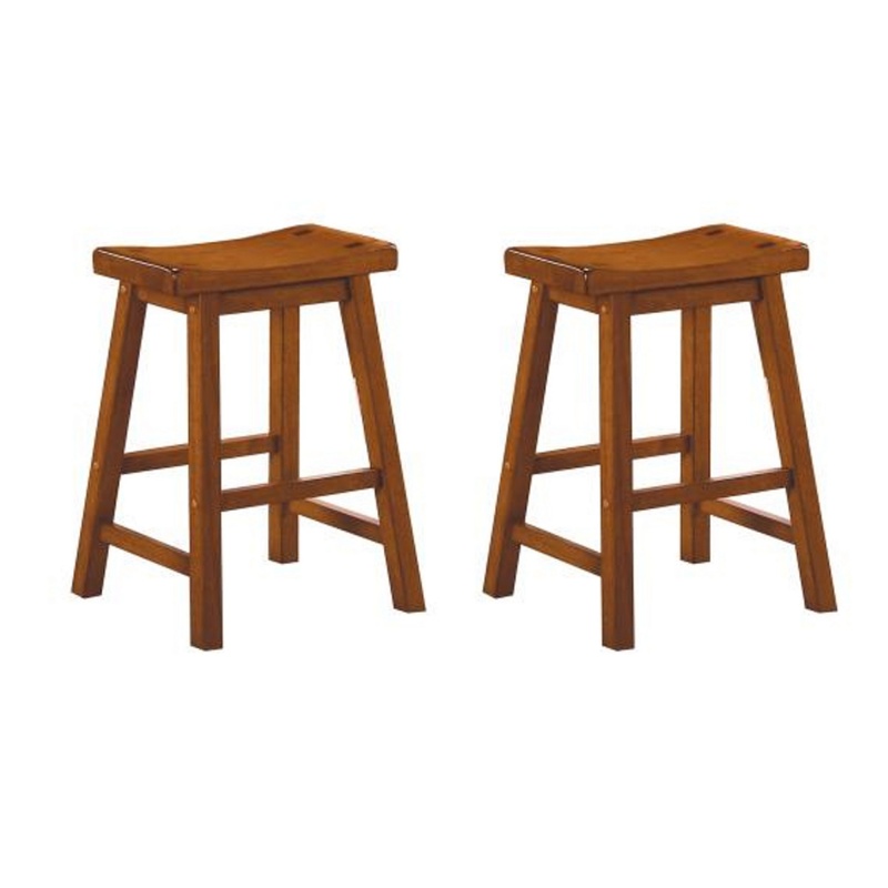 Wooden 24" Counter Height Stool With Saddle Seat, Oak Brown, Set Of 2