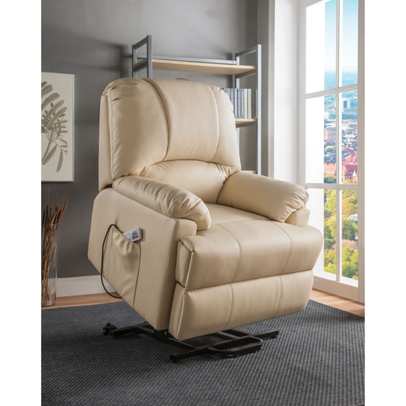 Contemporary Polyurethane Upholstered Metal Recliner With Power Lift, Beige