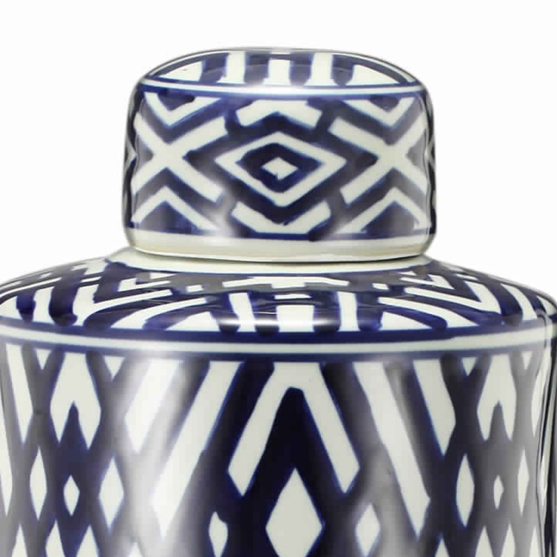 Ceramic Lidded Large Jar With Abstract Pattern, Blue And White