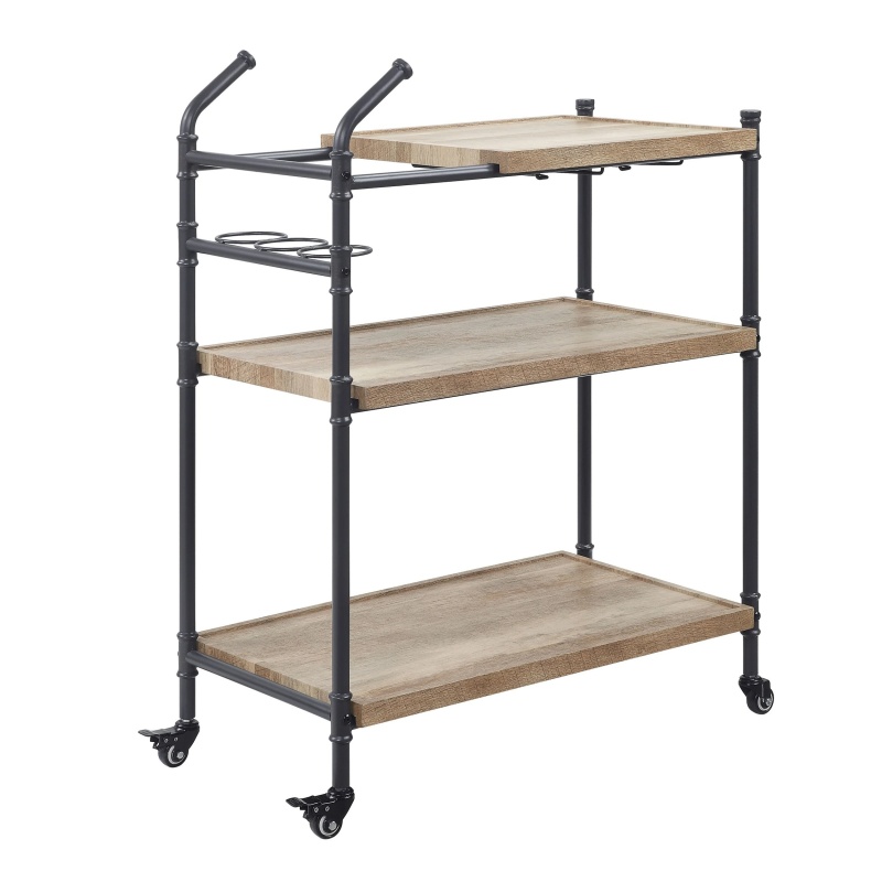 Vida 38 Inch Serving Bar Cart, Pipe Frame, Locking Casters, Brown, Black