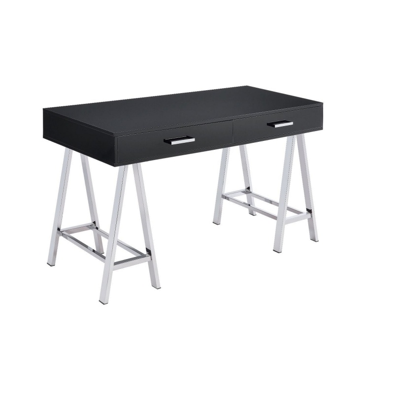 Writing Desk With Mdf 2 Drawers And Metal Legs, Black And Chrome