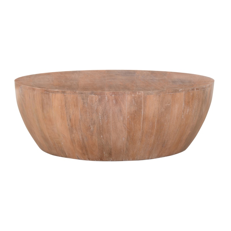 Arthur 35.5-Inch Drum Shape Wooden Coffee Table with Plank Design Base, Distressed Brown