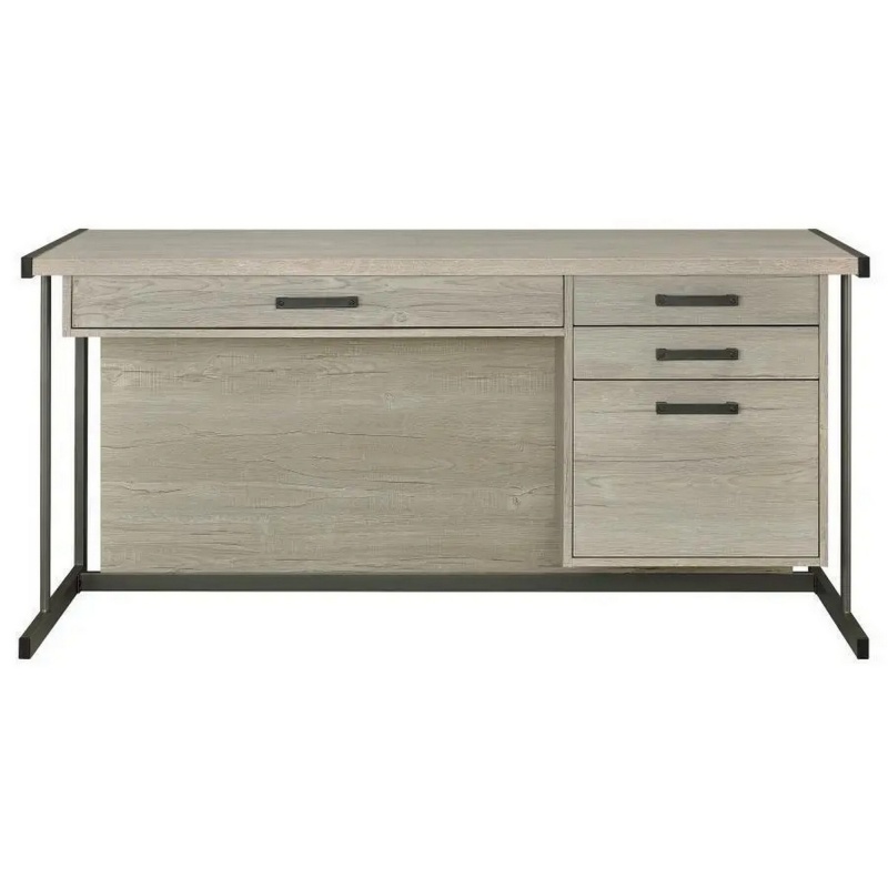 60 Inch 4 Drawer Rectangular Office Desk, Metal Sled Base, Whitewashed Gray