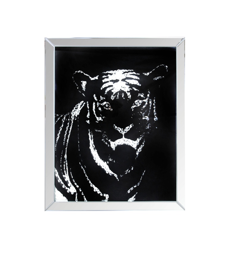 Rectangular Mirror Framed Tiger Wall Decor With Crystal Inlays, Black & Silver