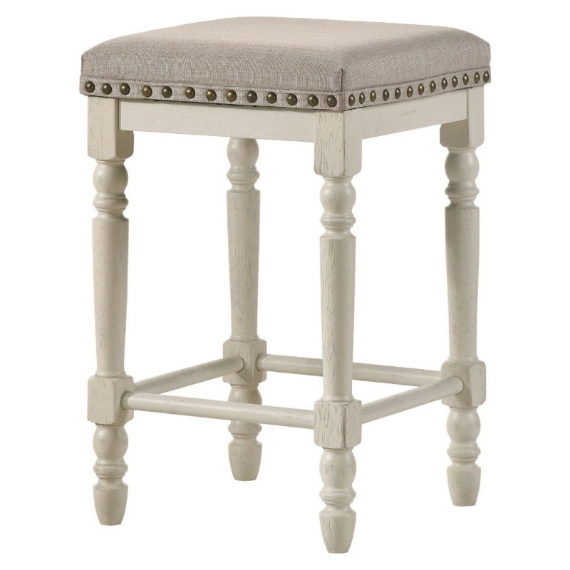 24 Inch Counter Height Stool, Luxe Nailhead Trim, Set Of 2, Antique White