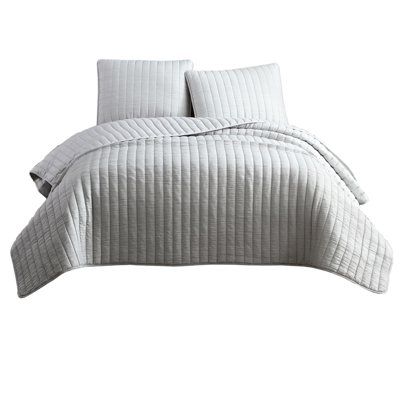 3 Piece Crinkle Queen Size Coverlet Set With Vertical Stitching,Light Gray