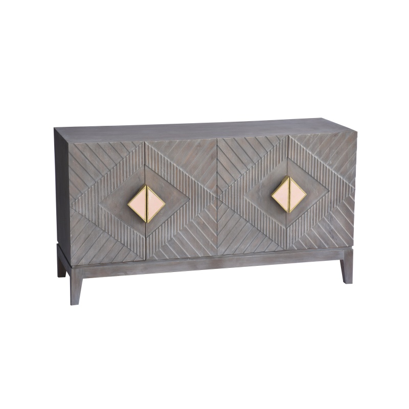 Abiel 55 Inch Mango Wood Sideboard Buffet Cabinet Console, 4 Doors, Inner Shelf, Ornate Diamond Carving, Gray