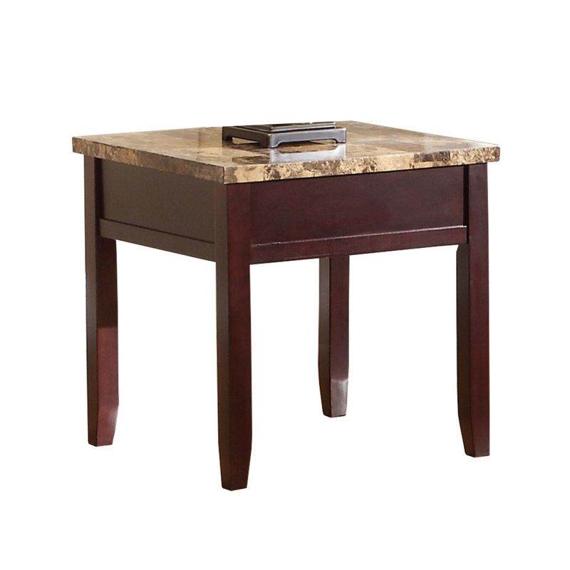 Faux Marble Top Square End Table With Tapered Legs, Cherry Brown
