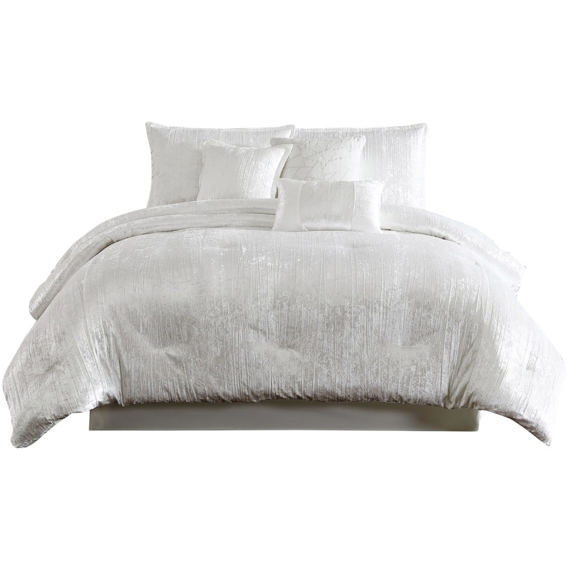 Jay 7 Piece Queen Comforter Set, White Polyester Velvet Deluxe Texture