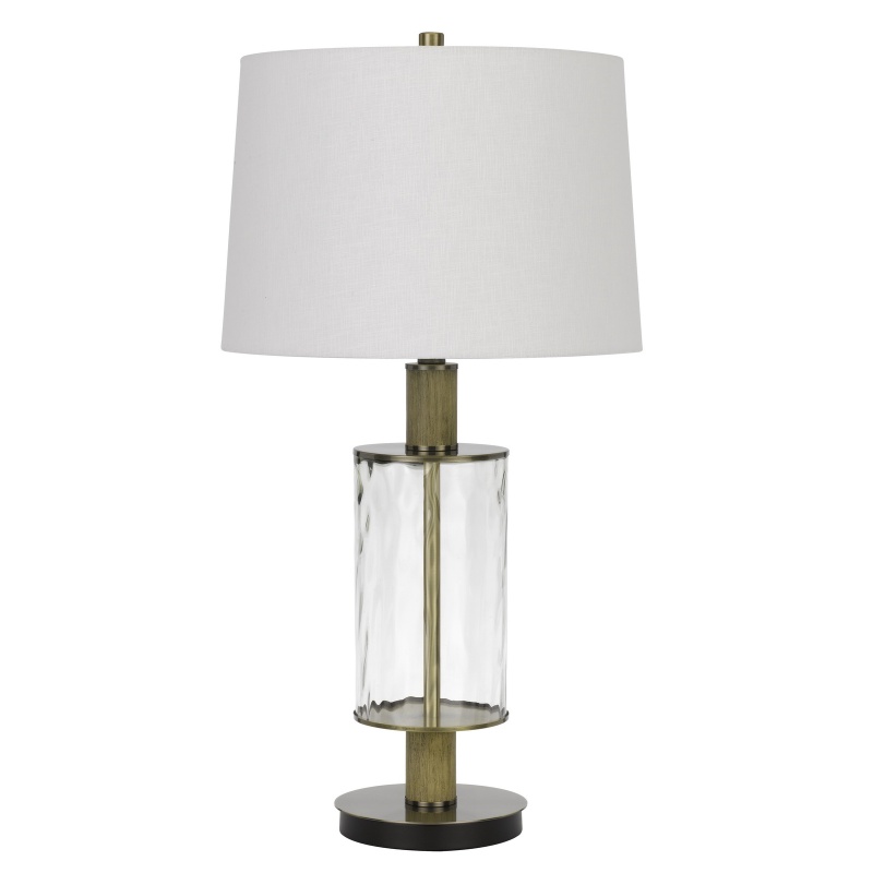 42 Inch Clear Glass Table Lamp With Dimmer And Oak Wood Accent