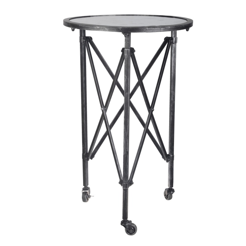 27 Inch Side Table, Round Metal Body, Glass Tabletop, 3 Wheels, Silver