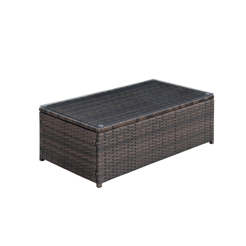 Rectangular Faux Rattan Coffee Table with Glass Top, Brown