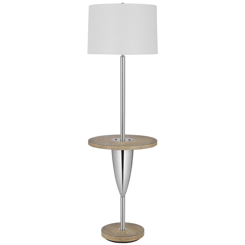 Charlie 61 Inch Modern Floor Lamp, Wood Table, 1 Usb, Glossy, White, Brown