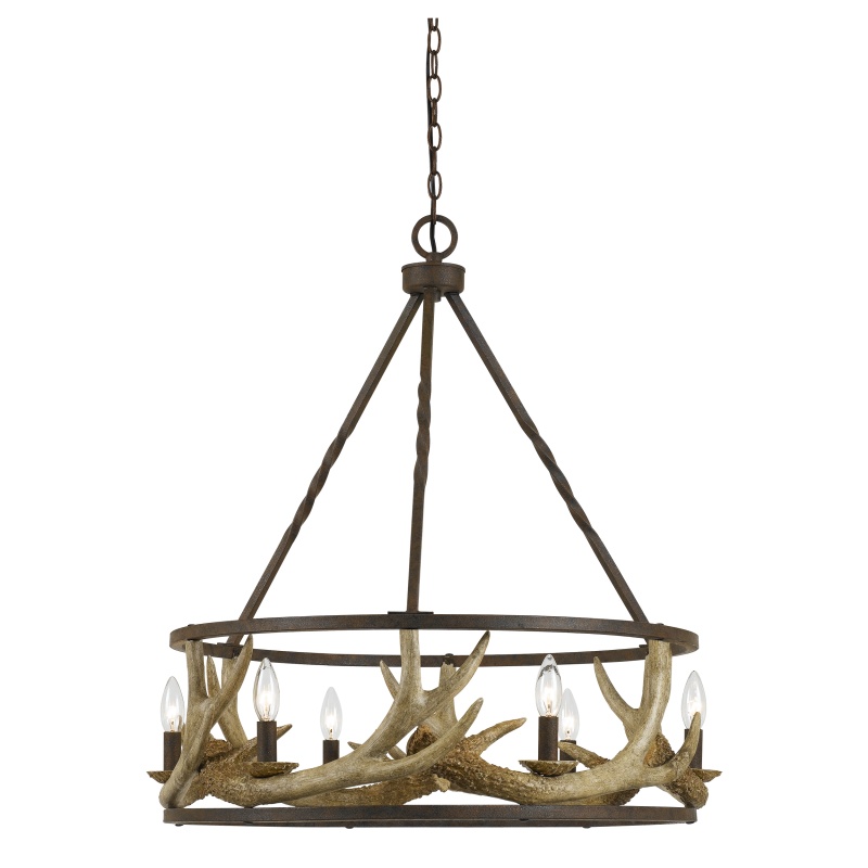 6 Bulb Metal Frame Chandelier With Resin Antler Design,Dark Bronze And Gold