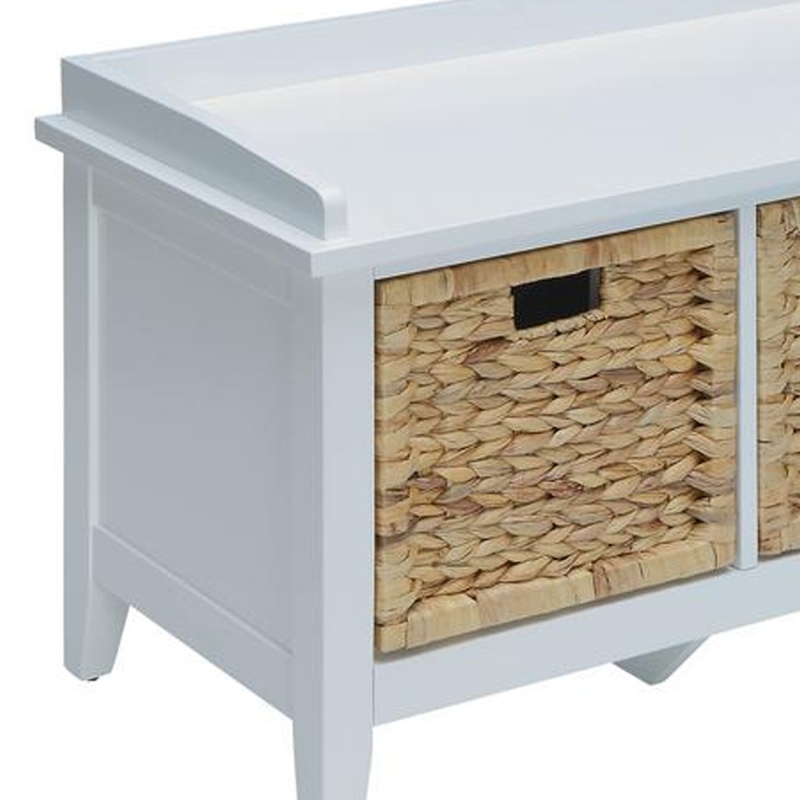 Rectangular Wooden Bench With Storage Basket, White