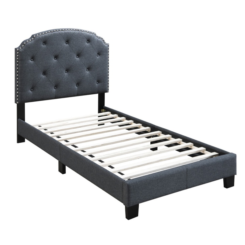 Twin Bed With Button Tufted Scalloped Headboard, Gray