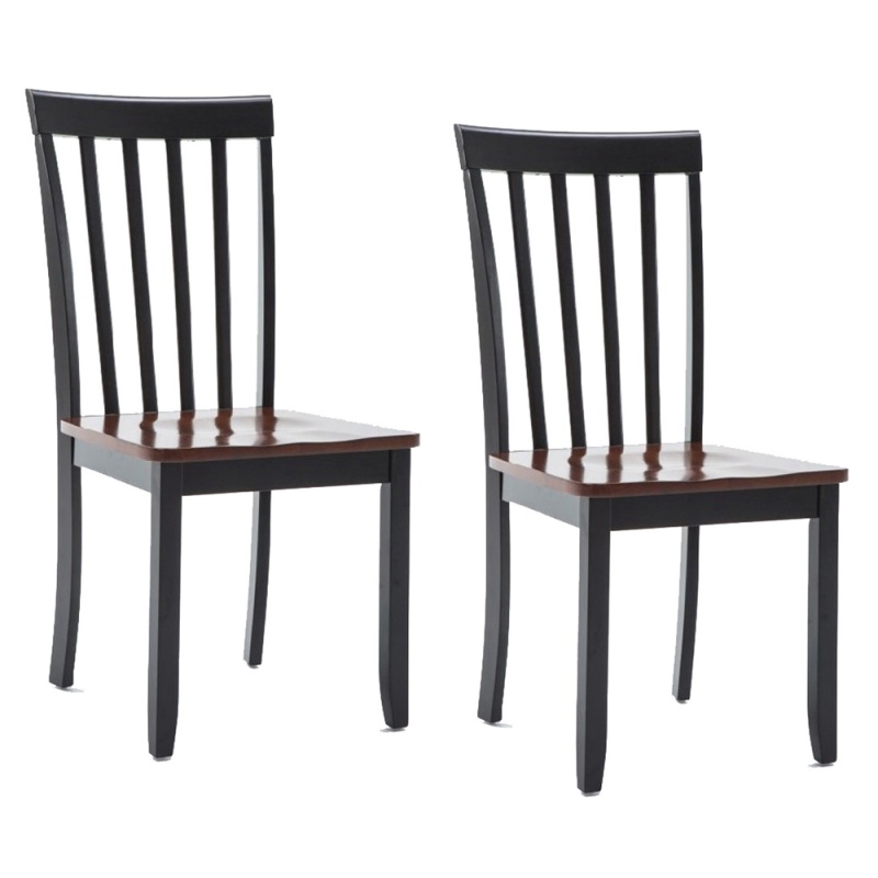 Wooden Seat Dining Chair With Slatted Backrest, Set Of 2, Brown And Black